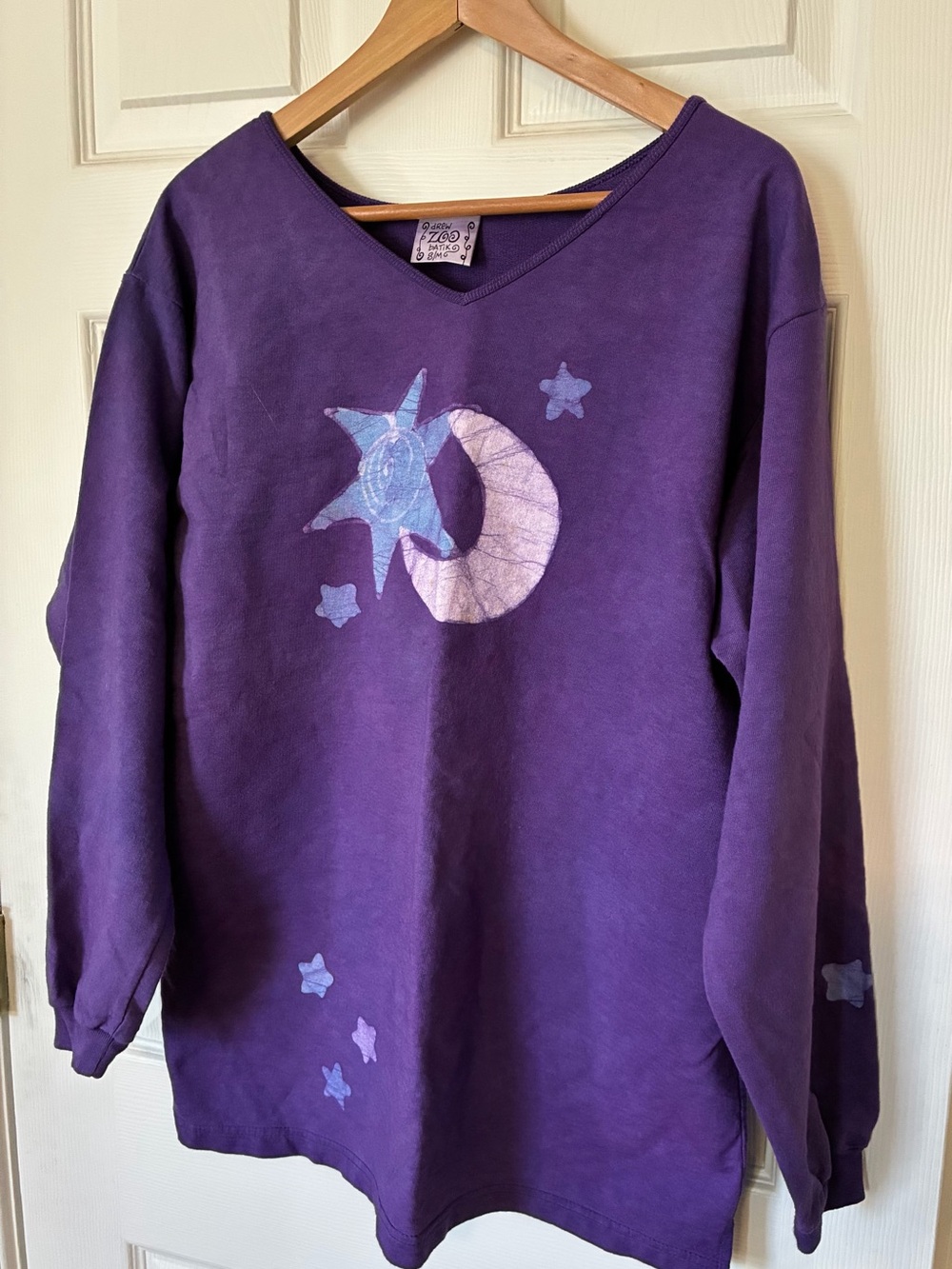 Artsy Moon & Stars V-Neck Sweatshirt  celestial small medium Batik custom Boho